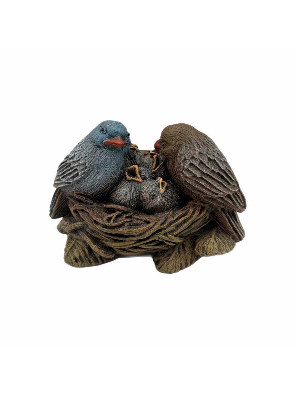 Vintage Blue Bird Family with Babies Nesting Feeding Charming Resin Figurine